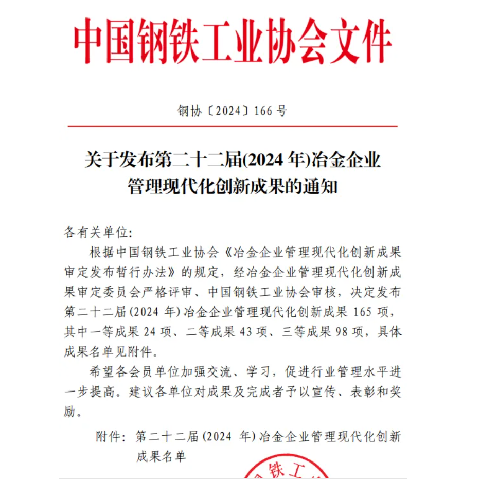 喜訊！龍鋼公司榮獲中鋼協(xié)冶金企業(yè)管理創(chuàng)新成果獎