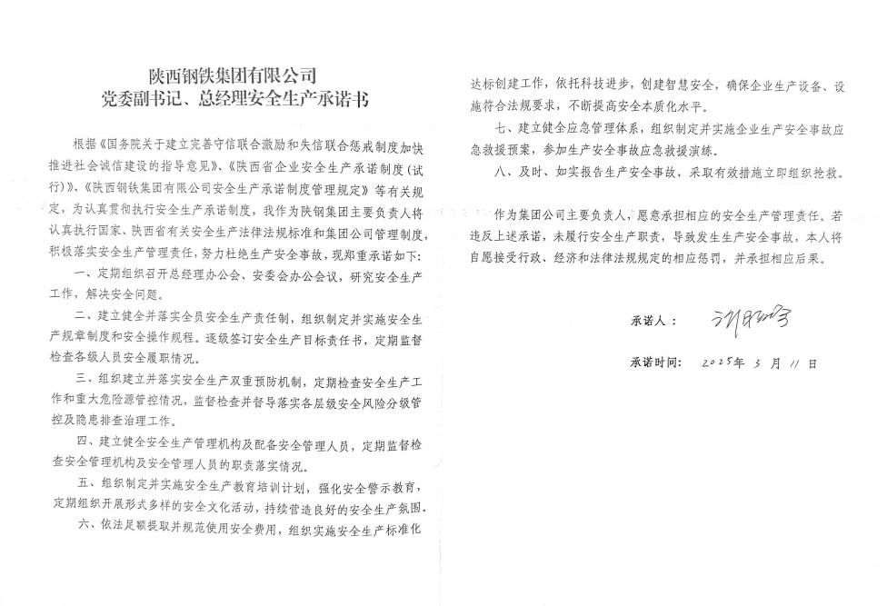 陜西鋼鐵集團有限公司黨委副書記、總經(jīng)理安全生產(chǎn)承諾書